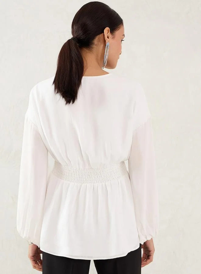 Femmella Women White Balloon Sleeve Wrap Top